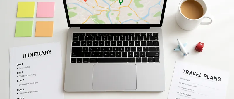 Travel planning essentials — map, compass, and journal